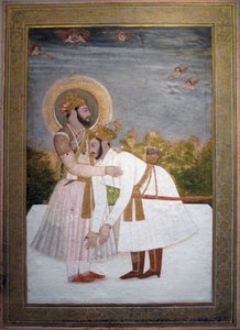 Shah Jahan拥抱他的儿子Aurangzeb，1750（水粉和金） 作者 印度学校